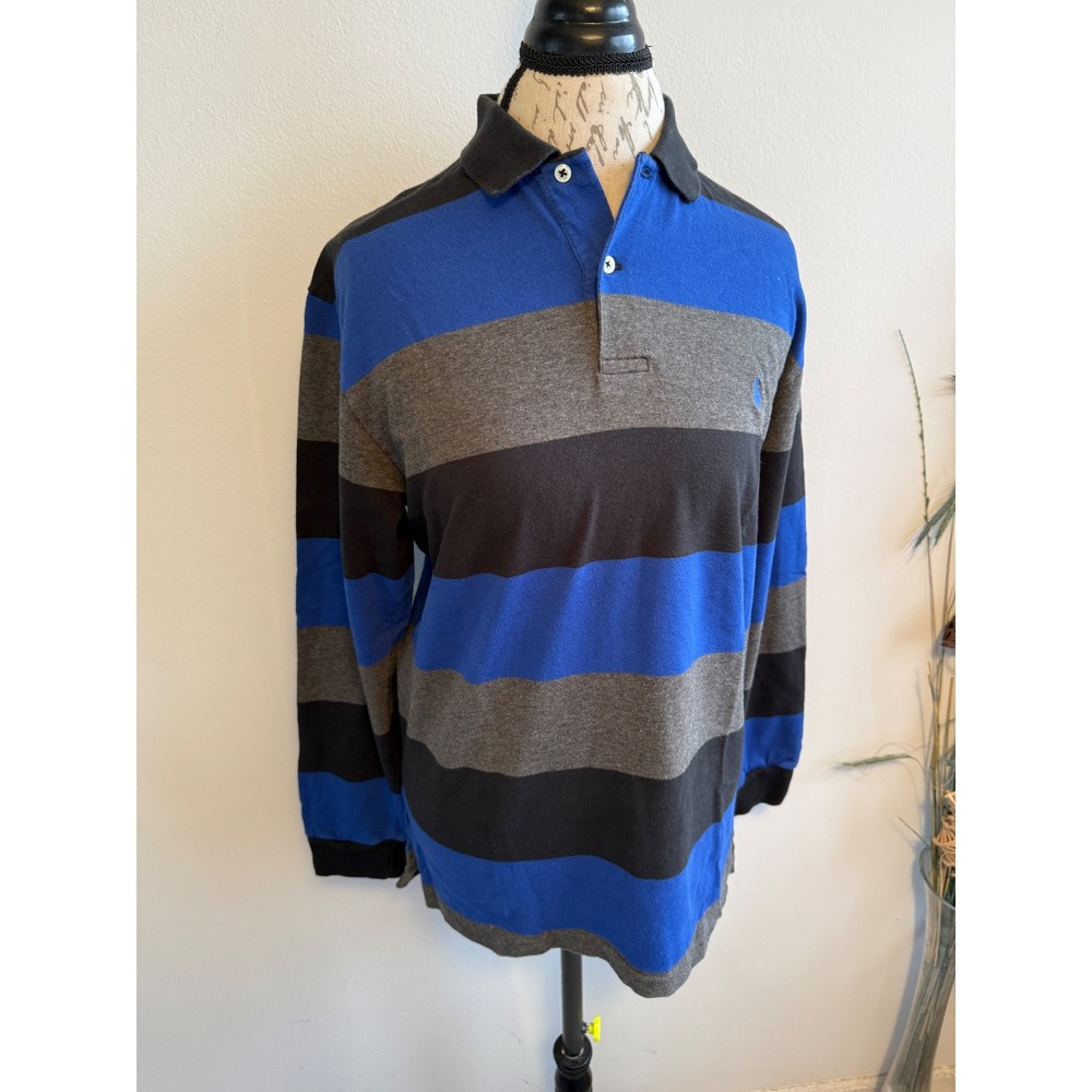 Vintage Polo Ralph Lauren Mens Long Sleeve Striped Rugby Shirt Blue Grey Black